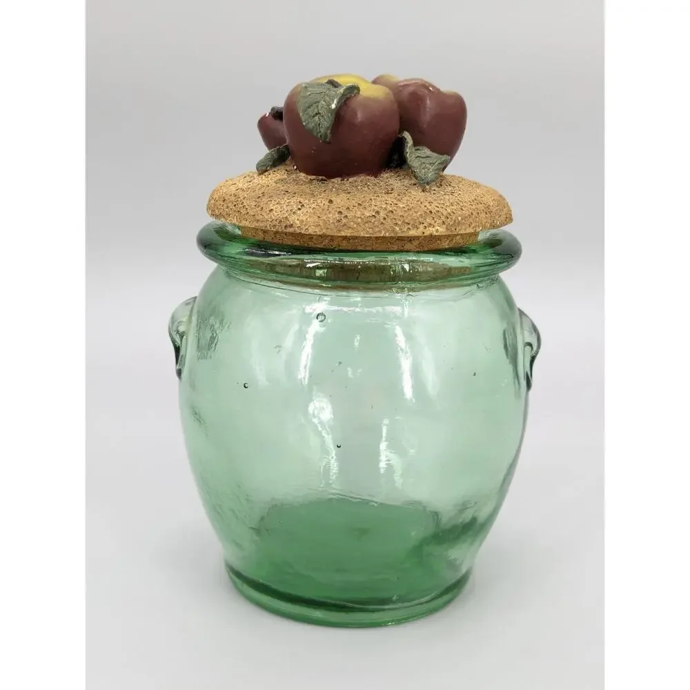 Green Embossed Kitchen Glass Storage Jar With Decorative Apples Cork Lid 7